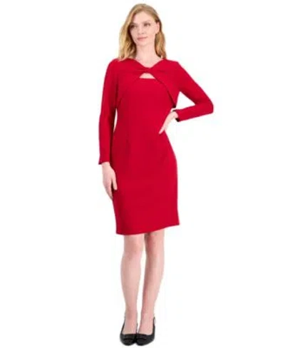 Kasper Womens Long Sleeve Twist Front Sheath Dress In Red