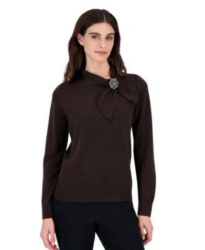 Kasper Womens Mock Neck Pleated Shoulder Sweater With Brooch In Rich Chocolate
