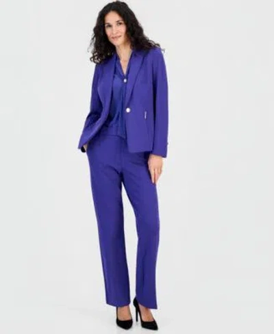 Kasper Womens Notch Collar Blazer Tie Neck Sleeveless Blouse Audrey Pull On Straight Leg Pants In Regal Plum