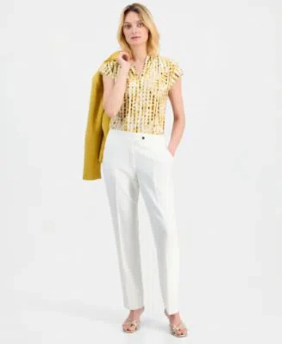 Kasper Womens Notch Collar One Button Blazer V Neck Pull On Blouse Mid Rise Straight Leg Pants In White