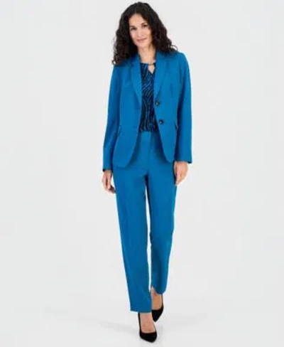 Kasper Womens Notched Collar Jacket Printed Diamond Neck Blouse Ava Straight Leg Pants In Blue