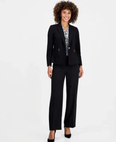 Kasper Womens Notched Collar Jacket Printed Tie Neck Sleeveless Blouse Wide Leg Pants In Black