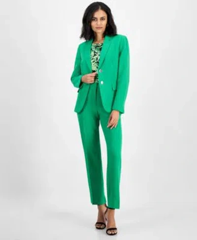 Kasper Womens Notched Collar Two Button Jacket Printed Cap Sleeve Cowlneck Top Stretch Crepe Straight Leg P In Apple Green