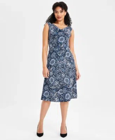 Kasper Womens Paisley Print Top Flared Midi Skirt In Blue Heron
