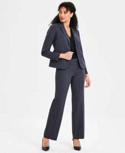 Kasper Womens Pinstriped Jacket Extended Tab Pants In Carbon Steel,blue Heron