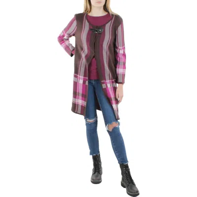Kasper Womens Plaid Flyaway Cardigan Sweater In Pink