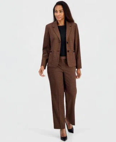 Kasper Womens Plaid Notch Collar Patch Pocket Blazer Mid Rise Straight Leg Trousers In Brown