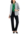 Kasper Womens Plaid Open Jacket Matte Satin Tie Neck Blouse Fly Front Pocket Trousers In Black