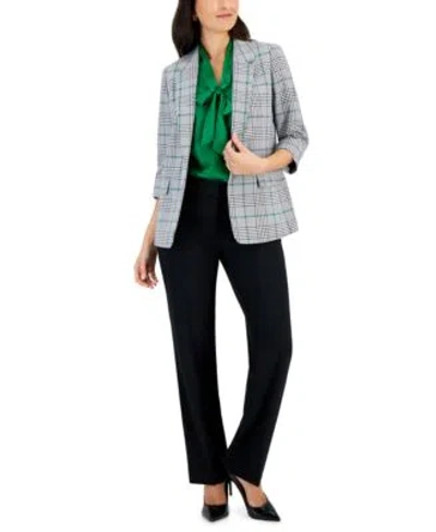 Kasper Womens Plaid Open Jacket Matte Satin Tie Neck Blouse Fly Front Pocket Trousers In Black