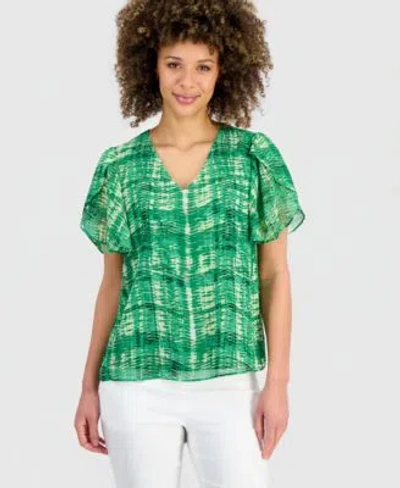 Kasper Womens Plaid Tulip Sleeve Blouse In Animal Print