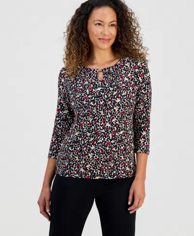 Kasper Womens Pleat-neck 3/4-sleeve Blouse In Blue