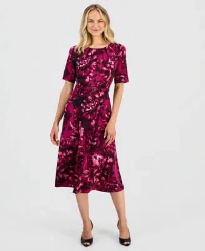 Kasper Womens Pleat Neck Belted Short Sleeve Dress In Multi