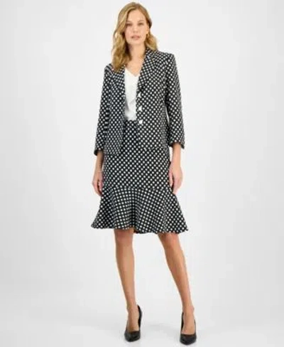 Kasper Womens Polka Dot Jacquard Blazer Ruffle Trim V Neck Top Polka Dot Flared Hem Pencil Skirt Regular Pe In Black