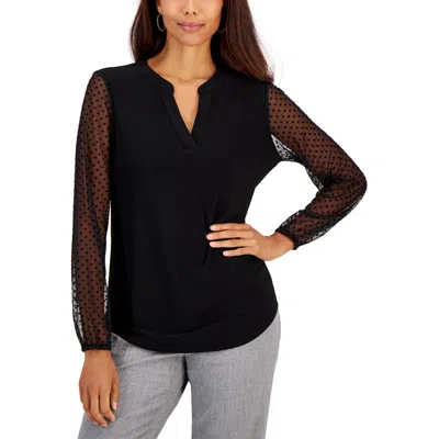 Kasper Womens Polka Dot Sheer Blouse In Black