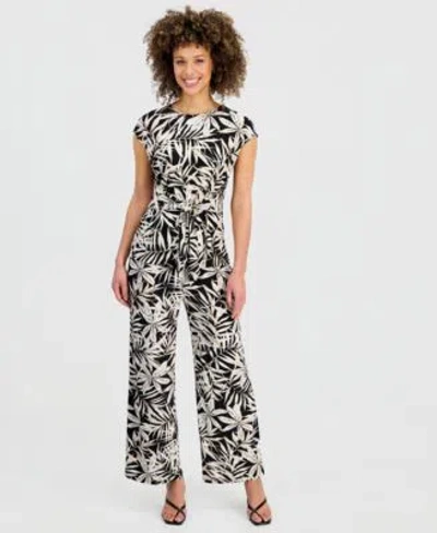 Kasper Womens Printed Cap Sleeve Tie Waist Top Wide Leg Pants In Black