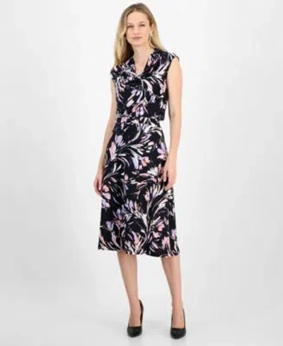 Kasper Womens Printed Cowlneck Top Midi Skirt In Black Multi
