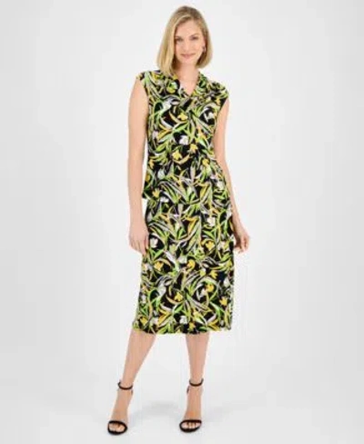 Kasper Womens Printed Cowlneck Top Midi Skirt In Black Multi
