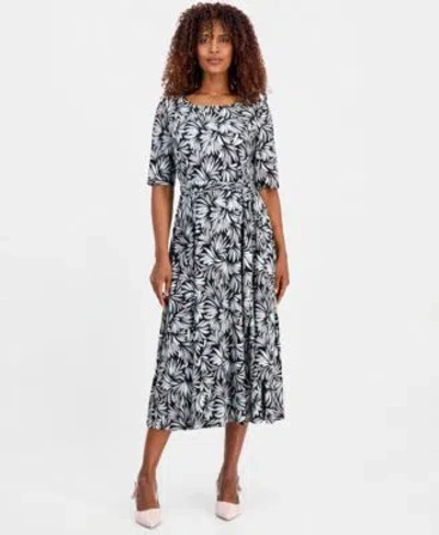 Kasper Womens Printed Elbow Sleeve Fit Flare Dress In Black