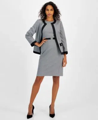 Kasper Womens Printed Open Front Blazer Printed Belted Sheath Dress In Black,white