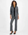 Kasper Womens Printed Ruched Sleeve One Button Blazer Herringbone Belted Bootcut Pants In Black Multi