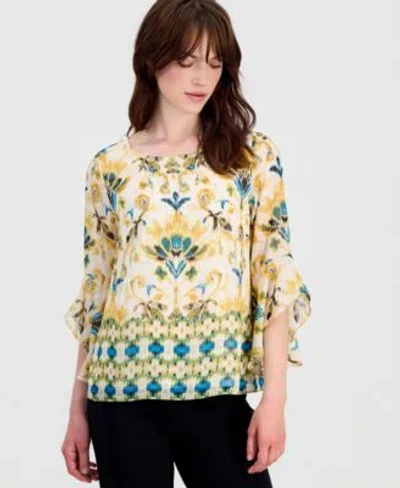 Kasper Womens Printed Ruffled Sleeve Blouse In White