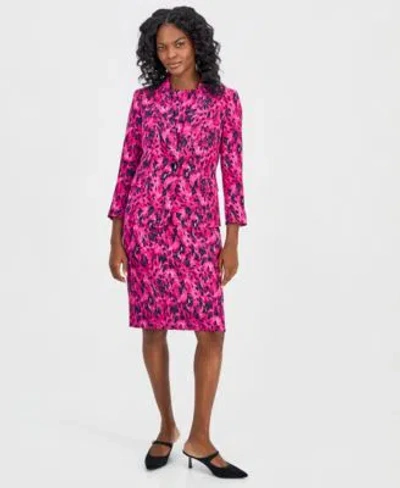 Kasper Womens Printed Shawl Collar Scuba Jacket Round Neck Scuba Sheath Dress In Multi