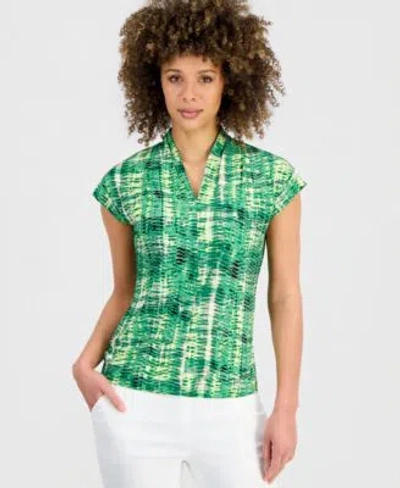 Kasper Womens Printed V Neck Cap Sleeve Top In Green