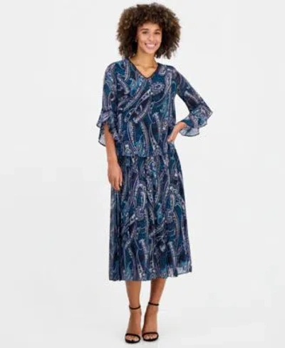 Kasper Womens Printed V Neck Ruffle Sleeve Blouse Pleated Pull On Midi Skirt In Multi