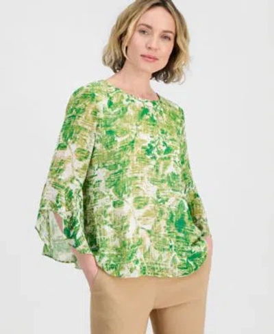 Kasper Womens Ruffle Cuff 3 4 Sleeve Top In Green