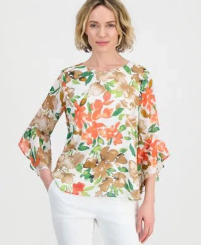 Kasper Womens Ruffle Cuff 3 4 Sleeve Top In Multi