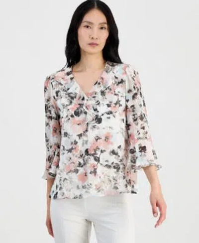 Kasper Womens Ruffle Front V Neck Blouse In Multi