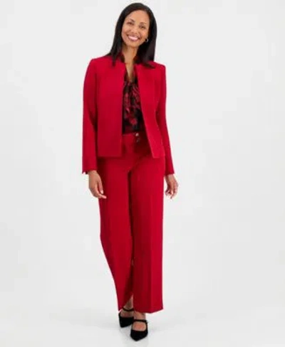 Kasper Womens Sleeveless Chiffon Tie Neck Floral Print Blouse Crepe Mid Rise Wide Leg Pants Collarless Seam In Red