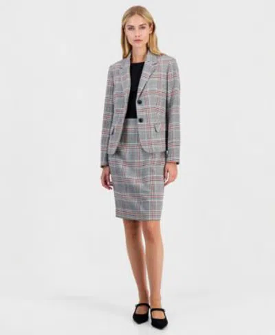 Kasper Womens Sleeveless Compression Plaid Sheath Dress Two Button Blazer In Fire Red Multi