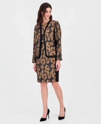 Kasper Womens Sleeveless Jacquard Sheath Dress Floral Cardigan In Black