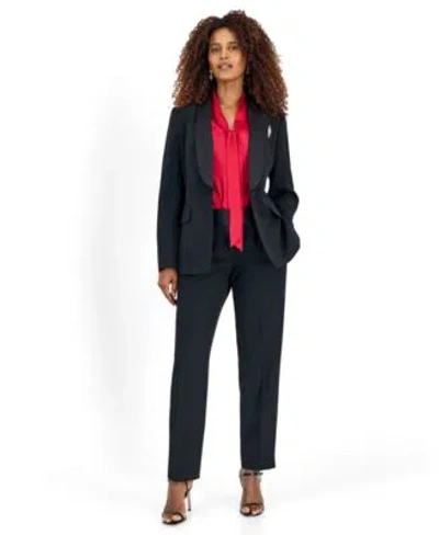 Kasper Womens Sleeveless Satin Tie Neck Blouse Stretch Crepe Blazer Straight Leg Pants In Multi