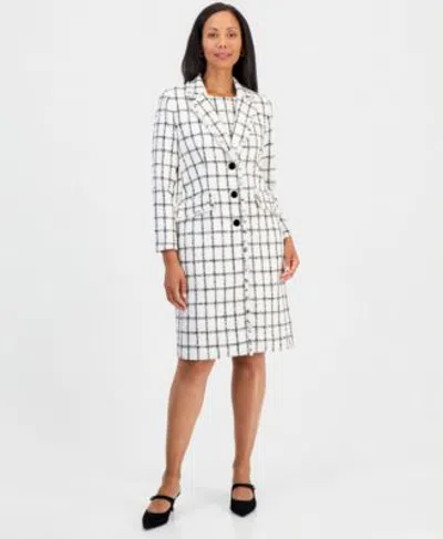Kasper Womens Sleeveless Windowpane Tweed Crepe Sheath Dress Fringe Trim Duster Jacket In Vanilla Ice,black