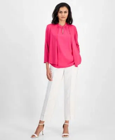 Kasper Womens Solid Soft Edge A Line Cardigan Sweater Crepe Keyhole Jewel Neck Sleeveless Top Mid Rise Stra In Lily White