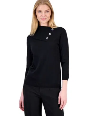 Kasper Womens Split Neck 3 4 Sleeve Pullover Sweater In Black
