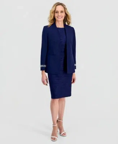 Kasper Womens Stretch Crepe Collarless Embellished Bracelet Sleeve Jacket Wave Knit Sheath Dress In Blue