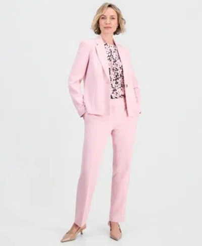 Kasper Womens Stretch Crepe One Button Jacket Floral Pleat Front Cap Sleeve Top Stretch Crepe Mid Rise Pant In Pink