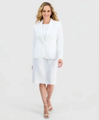 Kasper Womens Stretch Crepe Shawl Collar Pearl Trim Jacket Sheath Dress In White