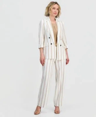 Kasper Womens Striped 3 4 Sleeve Double Breasted Blazer Pleated Satin Top Striped Clean Waist Pants In Multi