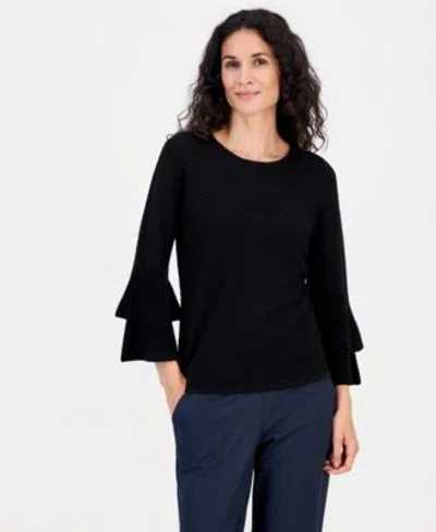 Kasper Womens Textured Knit Flared Cuff 3 4 Sleeve Top In Vanilla Ice