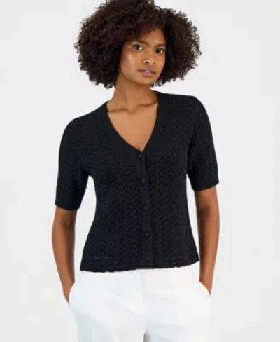 Kasper Womens Textured Stitch Short Sleeve Cardigan In Blue