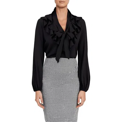 Kasper Womens Tie Neck Ruffel Blouse In Black