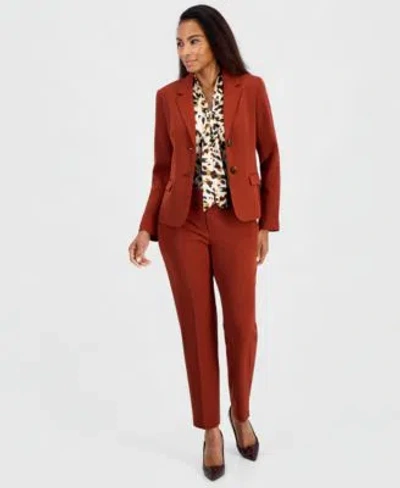Kasper Womens Tie Neck Satin Animal Print Blouse Mid Rise Straight Leg Stretch Crepe Pants Two Button Blaze In Brown