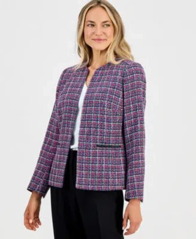 Kasper Womens Tweed Open Front Long Sleeve Jacket In Multi