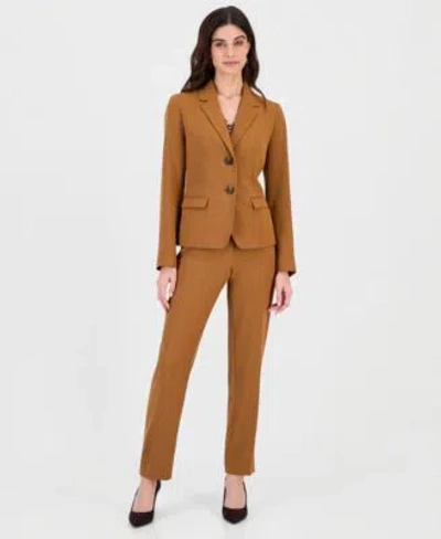 Kasper Womens V Neck Cascade Blouse Two Button Jacket Slim Pants 3 Piece Set In Brown
