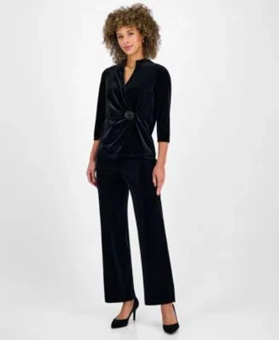 Kasper Womens Velvet Embellished Top Pull On Wide Leg Pants In Black