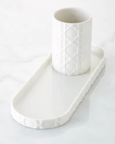 Kassatex Cane Embossed Porcelain Vanity Tray In White